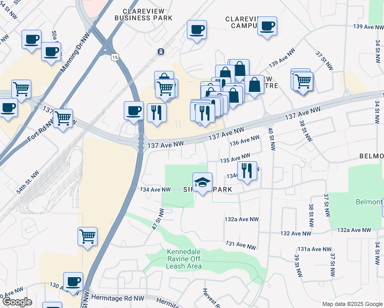map of restaurants, bars, coffee shops, grocery stores, and more near 4515 137 Avenue NorthWest in Edmonton