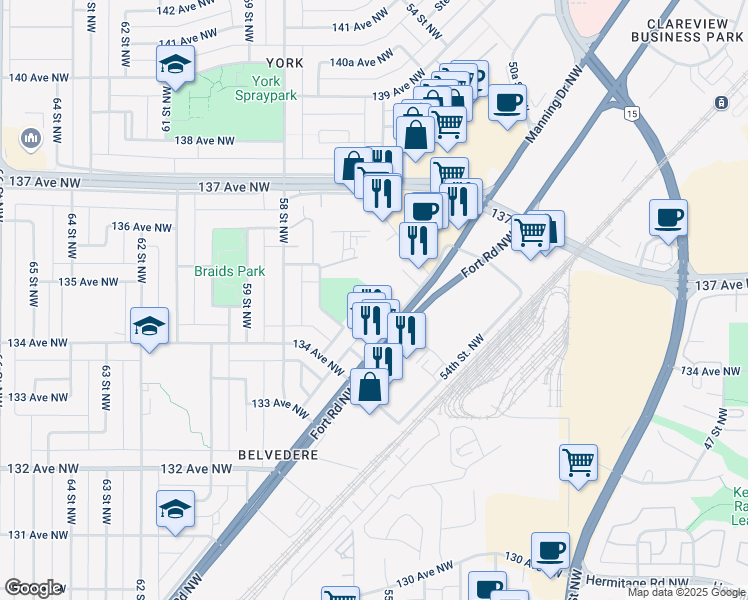 map of restaurants, bars, coffee shops, grocery stores, and more near 13454 Fort Road Northwest in Edmonton