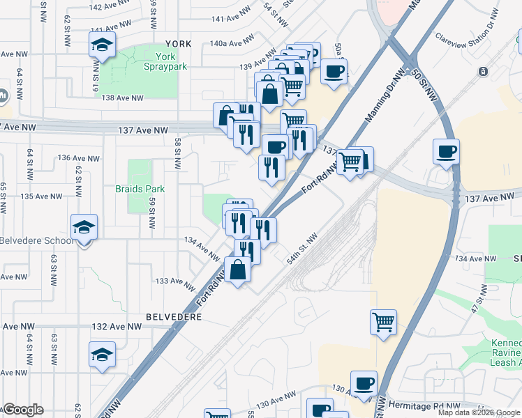 map of restaurants, bars, coffee shops, grocery stores, and more near 13466 Fort Road Northwest in Edmonton