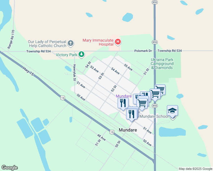 map of restaurants, bars, coffee shops, grocery stores, and more near 5220 52 Avenue in Mundare