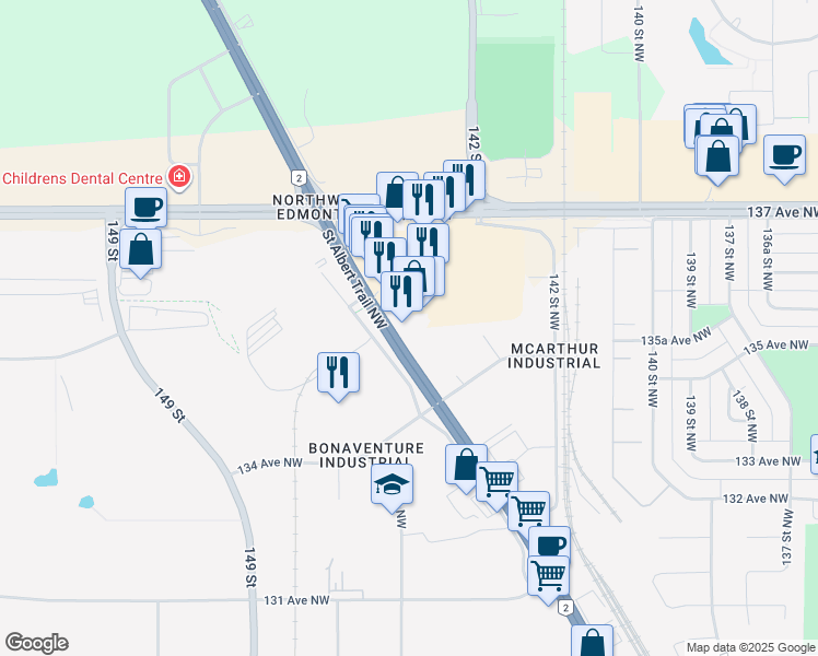 map of restaurants, bars, coffee shops, grocery stores, and more near 13461 Saint Albert Trail Northwest in Edmonton