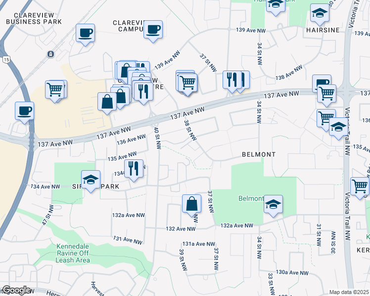 map of restaurants, bars, coffee shops, grocery stores, and more near 13590 38 Street Northwest in Edmonton