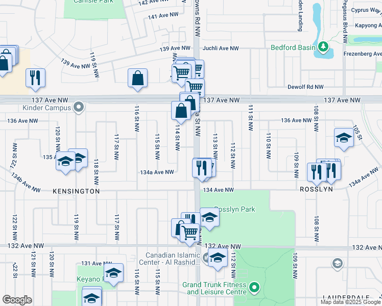 map of restaurants, bars, coffee shops, grocery stores, and more near 13436 113A Street Northwest in Edmonton