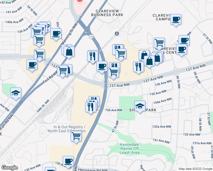 map of restaurants, bars, coffee shops, grocery stores, and more near 137 Ave NW & 50 St NW in Edmonton