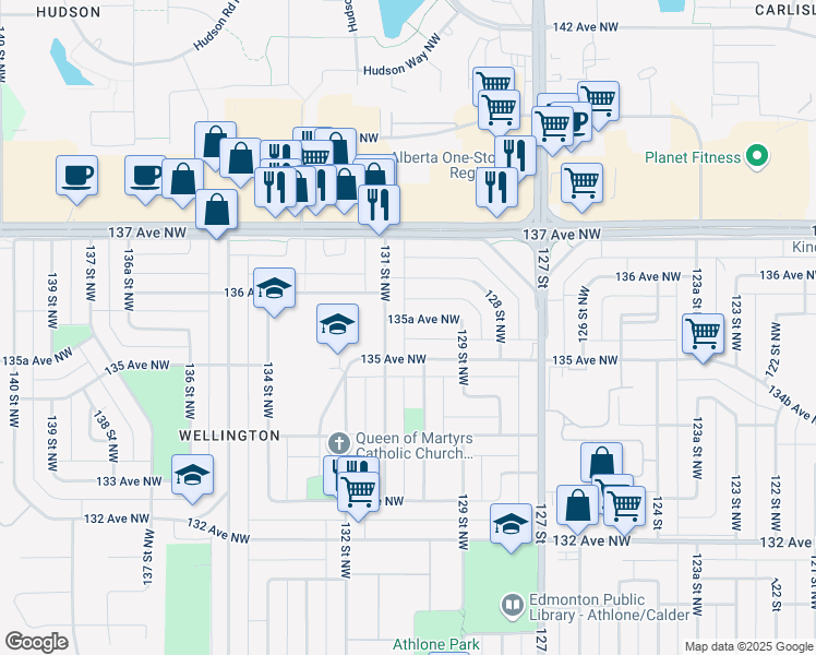 map of restaurants, bars, coffee shops, grocery stores, and more near 13011 135A Avenue Northwest in Edmonton