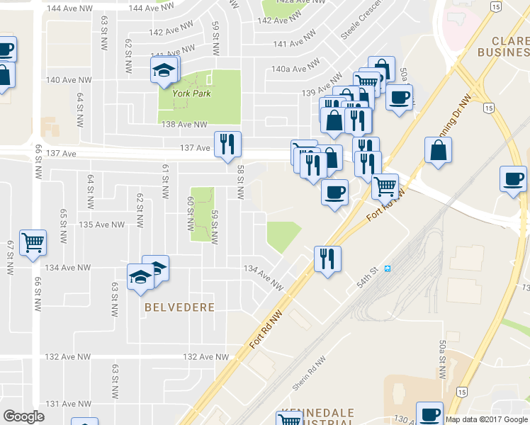 map of restaurants, bars, coffee shops, grocery stores, and more near 13429 57 Street Northwest in Edmonton
