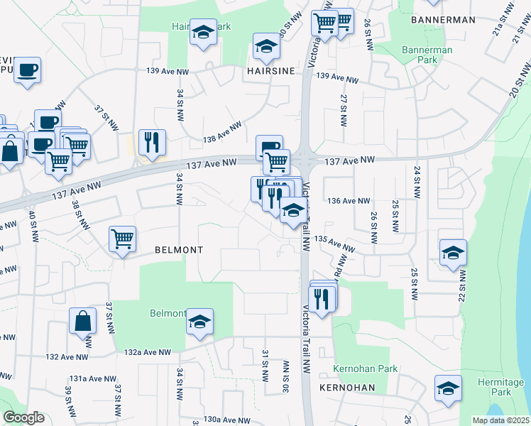 map of restaurants, bars, coffee shops, grocery stores, and more near 13504 Victoria Trail Northwest in Edmonton