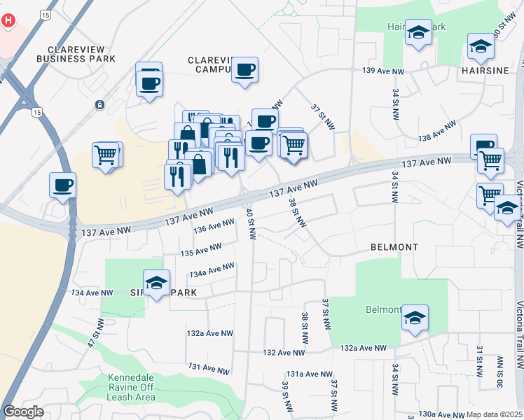map of restaurants, bars, coffee shops, grocery stores, and more near 13660 38 Street Northwest in Edmonton