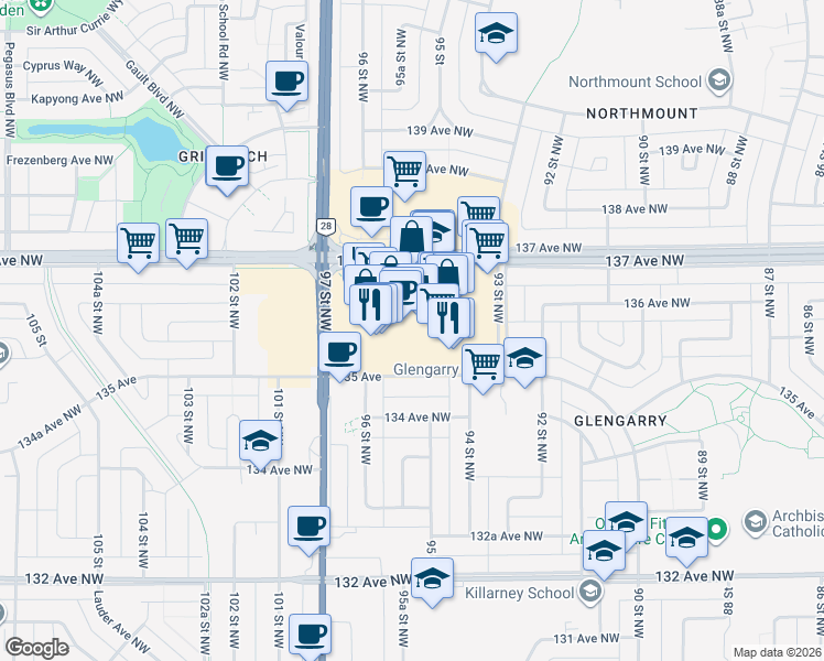 map of restaurants, bars, coffee shops, grocery stores, and more near 9499 137 Avenue NorthWest in Edmonton