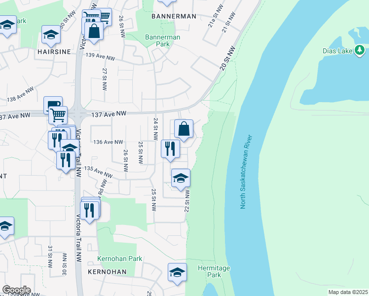 map of restaurants, bars, coffee shops, grocery stores, and more near 261 River Point Northwest in Edmonton
