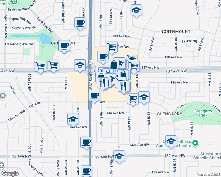 map of restaurants, bars, coffee shops, grocery stores, and more near 9499 137 Avenue NorthWest in Edmonton