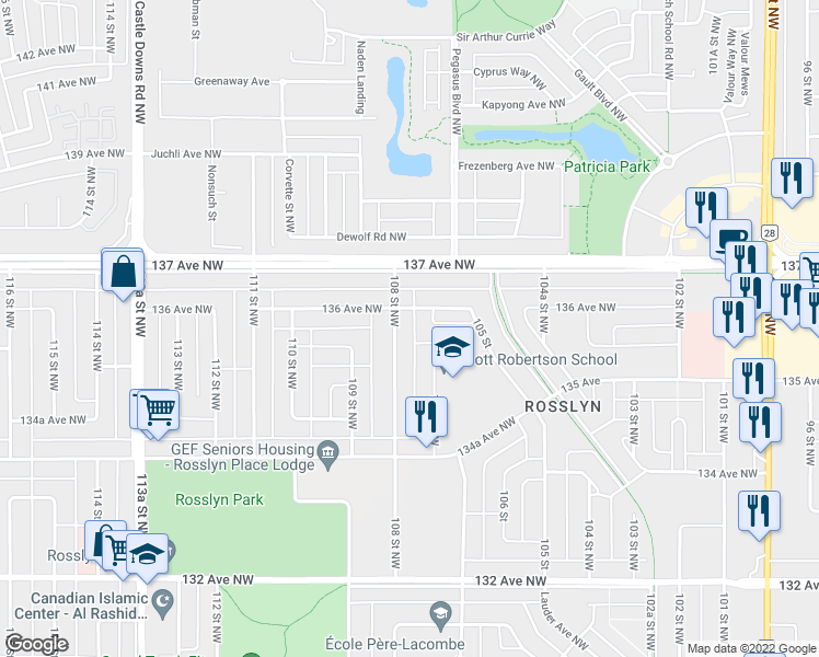 map of restaurants, bars, coffee shops, grocery stores, and more near 13539 108 Street Northwest in Edmonton
