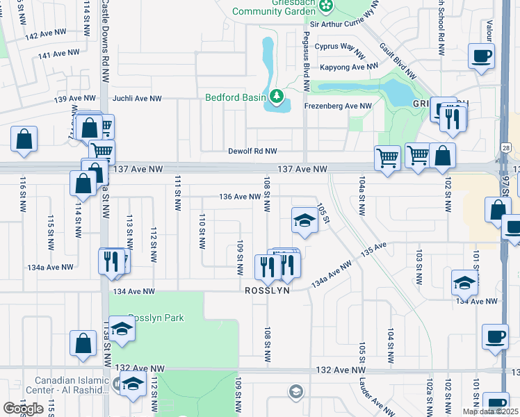 map of restaurants, bars, coffee shops, grocery stores, and more near 13539 108 Street Northwest in Edmonton