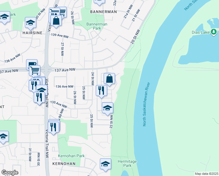 map of restaurants, bars, coffee shops, grocery stores, and more near 524 River Point Northwest in Edmonton