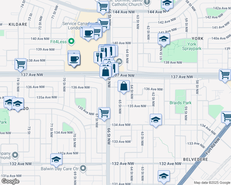map of restaurants, bars, coffee shops, grocery stores, and more near 13536 65 Street Northwest in Edmonton