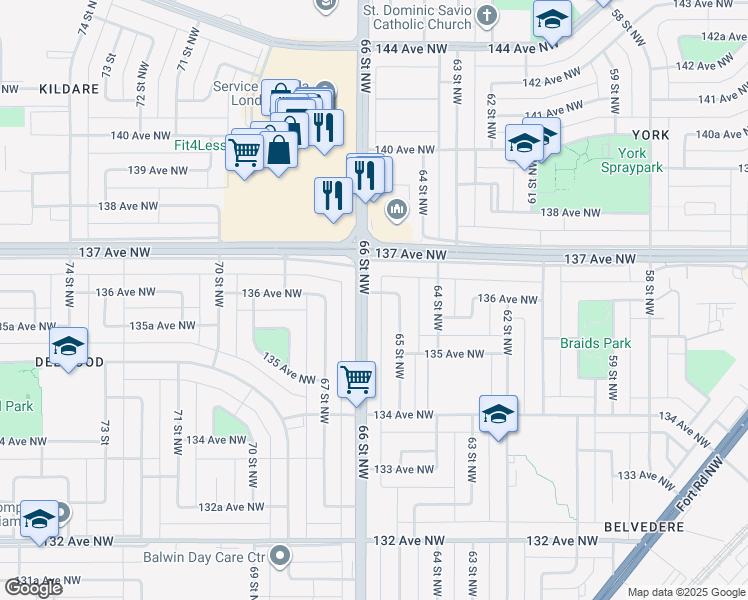 map of restaurants, bars, coffee shops, grocery stores, and more near 13536 65 Street Northwest in Edmonton