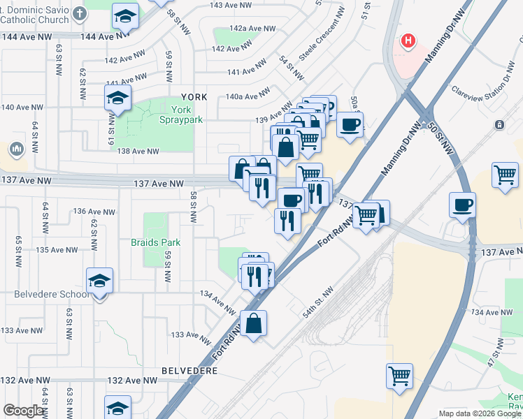 map of restaurants, bars, coffee shops, grocery stores, and more near 13429 57 Street Northwest in Edmonton