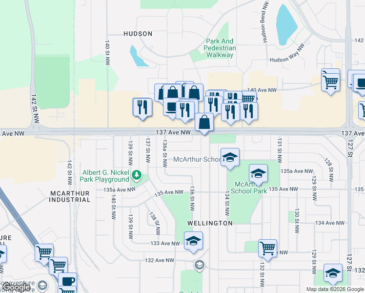 map of restaurants, bars, coffee shops, grocery stores, and more near 13620 136 Avenue Northwest in Edmonton