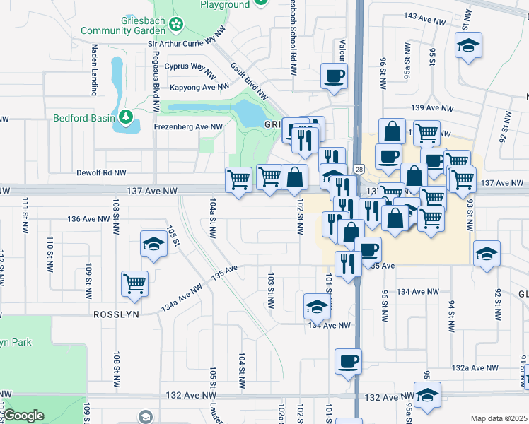 map of restaurants, bars, coffee shops, grocery stores, and more near 10308 136 Avenue Northwest in Edmonton