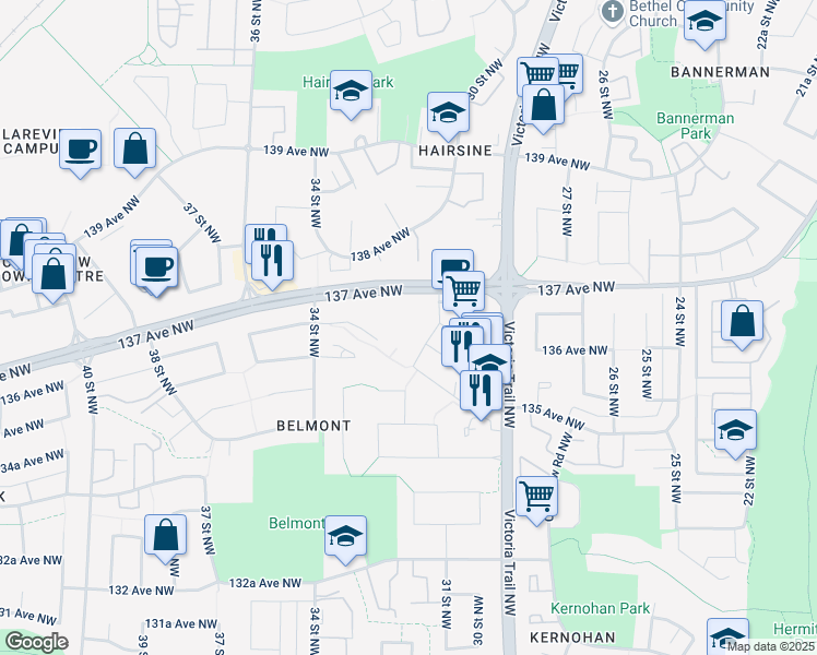 map of restaurants, bars, coffee shops, grocery stores, and more near 13504 Victoria Trail Northwest in Edmonton