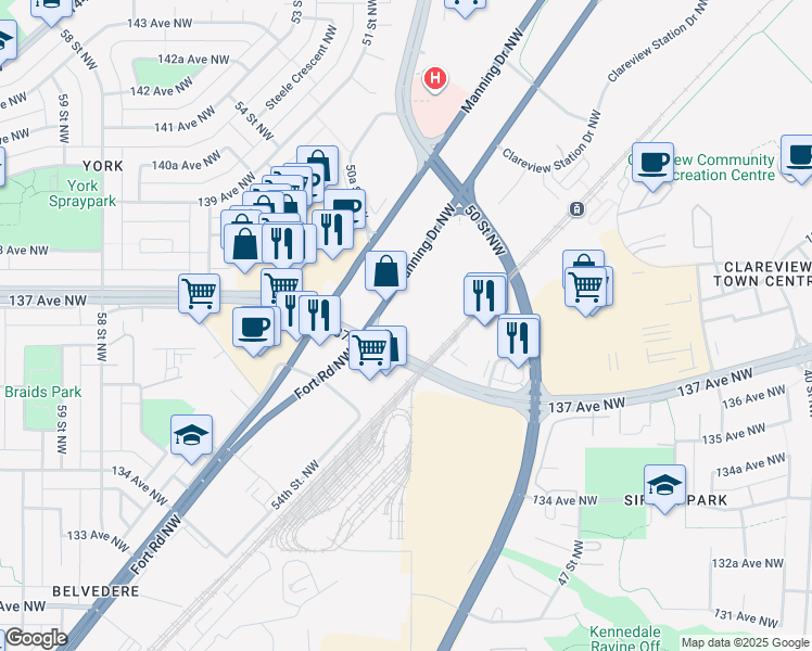 map of restaurants, bars, coffee shops, grocery stores, and more near 13715 Manning Drive Northwest in Edmonton