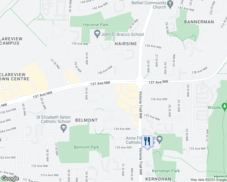 map of restaurants, bars, coffee shops, grocery stores, and more near 3103 137 Avenue in Edmonton