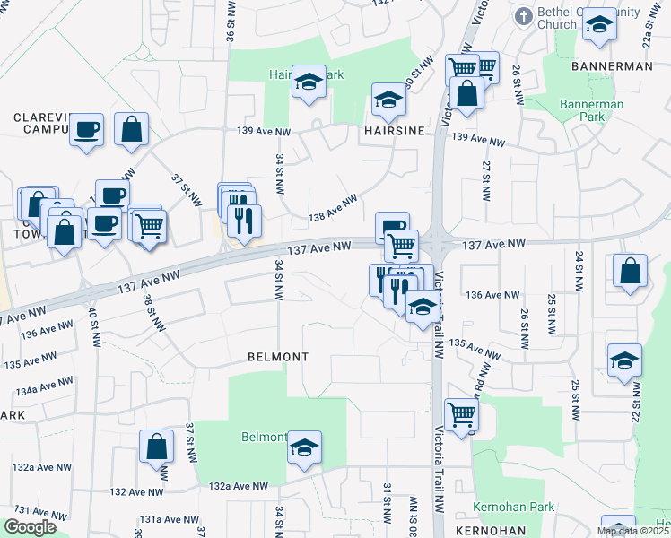 map of restaurants, bars, coffee shops, grocery stores, and more near 13625 34 Street Northwest in Edmonton