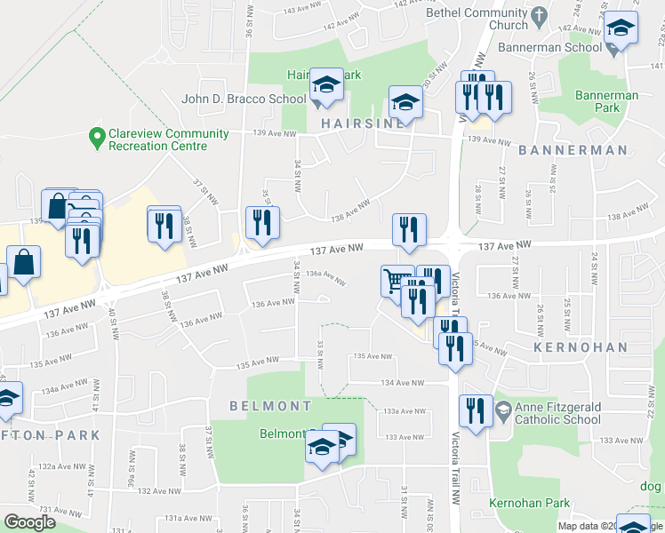 map of restaurants, bars, coffee shops, grocery stores, and more near 3325 138 Avenue Northwest in Edmonton