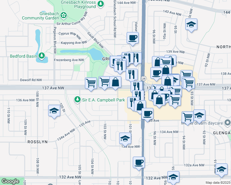 map of restaurants, bars, coffee shops, grocery stores, and more near 13608 102 Street Northwest in Edmonton