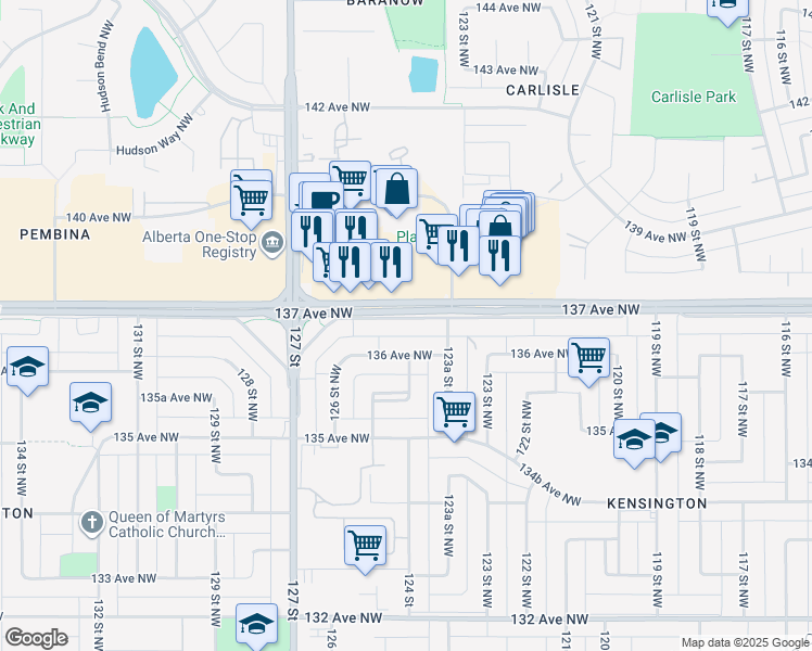 map of restaurants, bars, coffee shops, grocery stores, and more near 12403 137 Avenue NorthWest in Edmonton