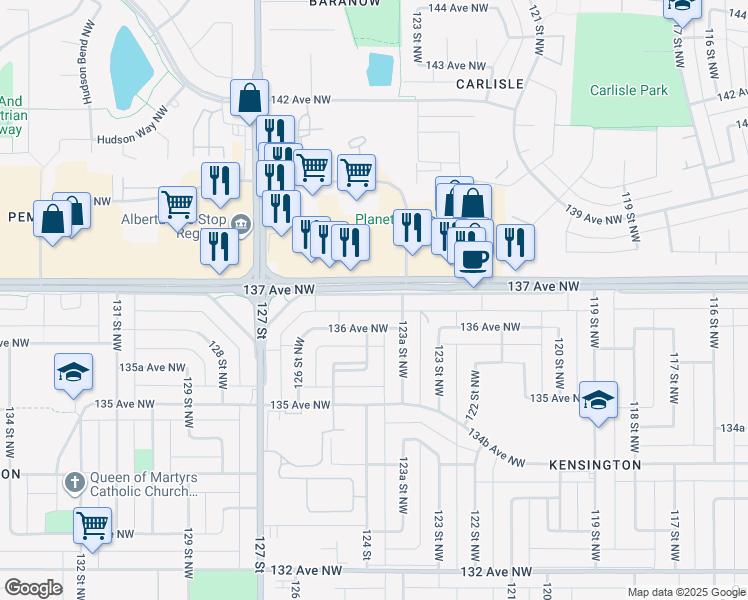 map of restaurants, bars, coffee shops, grocery stores, and more near 12403 137 Avenue NorthWest in Edmonton