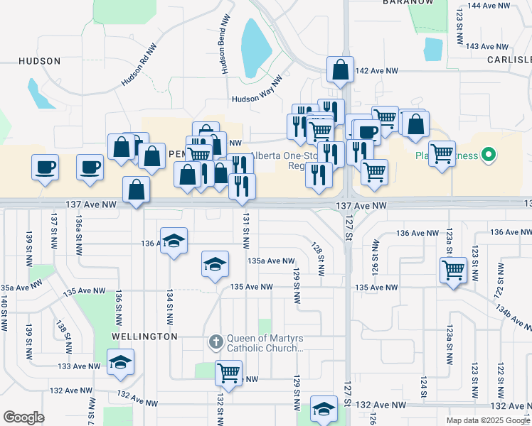 map of restaurants, bars, coffee shops, grocery stores, and more near 13007 137 Avenue NorthWest in Edmonton