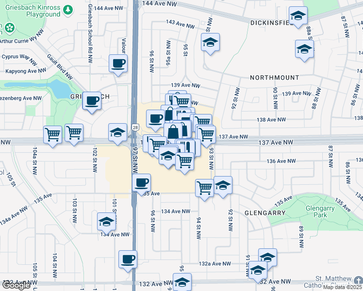 map of restaurants, bars, coffee shops, grocery stores, and more near 200 137 Avenue NorthWest in Edmonton