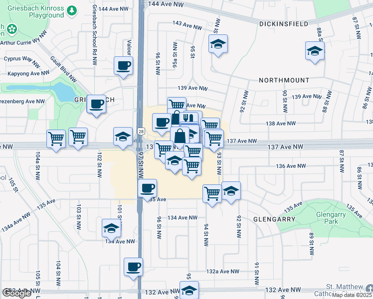 map of restaurants, bars, coffee shops, grocery stores, and more near 200 137 Avenue in Edmonton