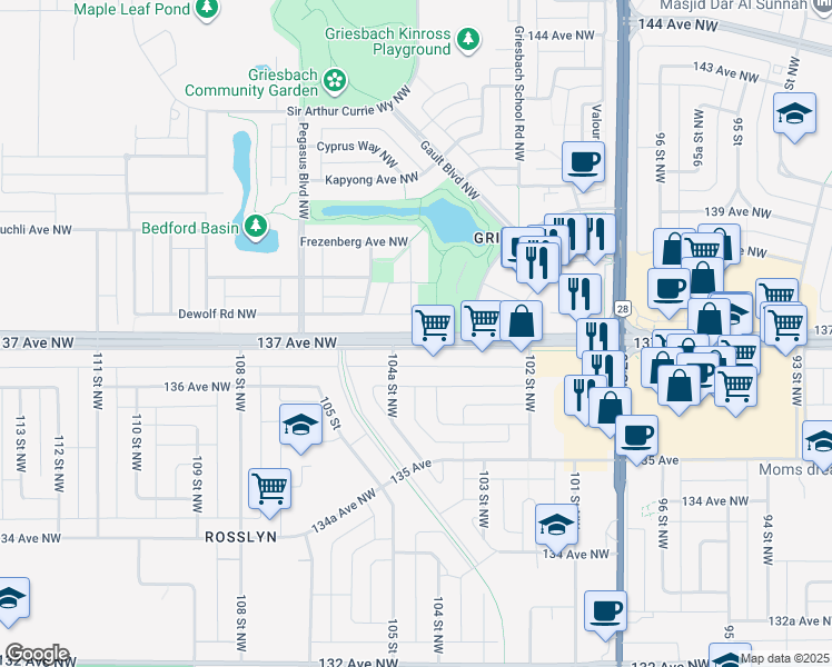 map of restaurants, bars, coffee shops, grocery stores, and more near San Fortunato Street Northwest in Edmonton
