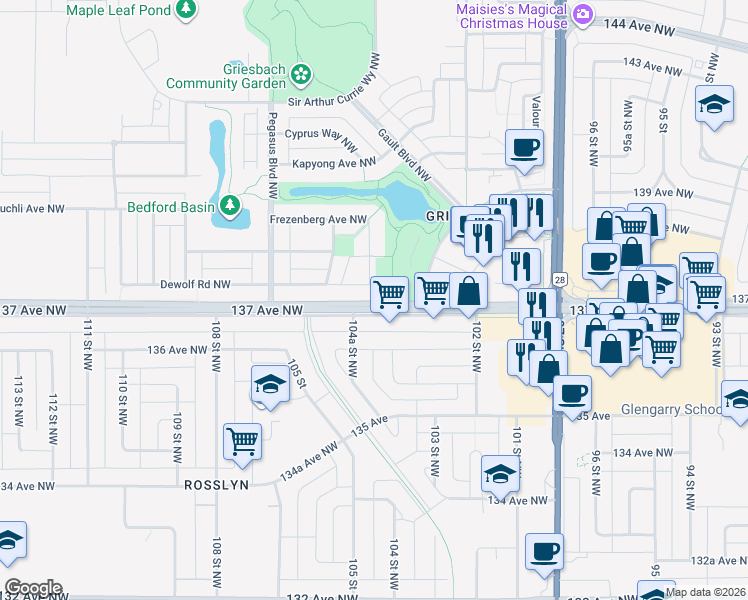 map of restaurants, bars, coffee shops, grocery stores, and more near in Edmonton