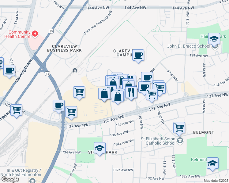 map of restaurants, bars, coffee shops, grocery stores, and more near 13835 42 Street Northwest in Edmonton