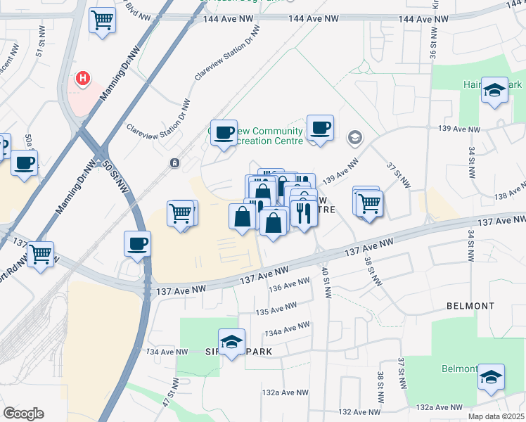 map of restaurants, bars, coffee shops, grocery stores, and more near 13835 42 Street Northwest in Edmonton