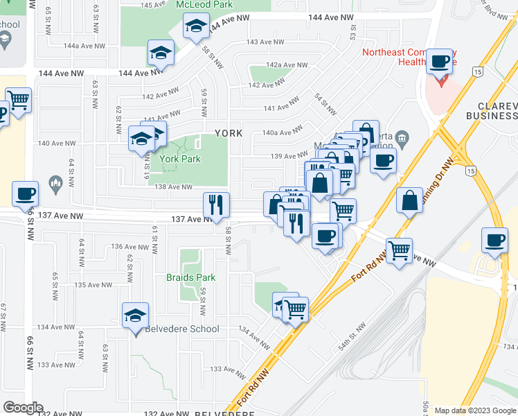 map of restaurants, bars, coffee shops, grocery stores, and more near 5632 137 Avenue NorthWest in Edmonton