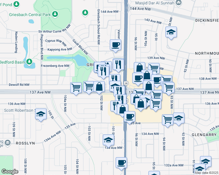 map of restaurants, bars, coffee shops, grocery stores, and more near 9738 137 Avenue NorthWest in Edmonton