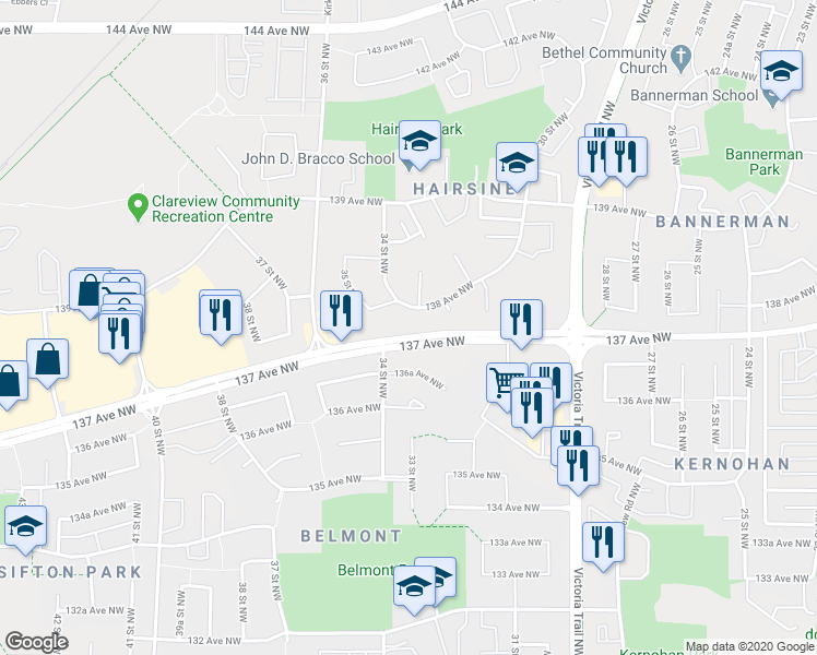 map of restaurants, bars, coffee shops, grocery stores, and more near 3325 138 Avenue Northwest in Edmonton