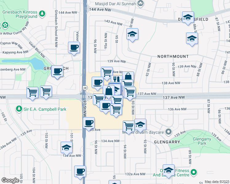 map of restaurants, bars, coffee shops, grocery stores, and more near 9321 137 Avenue NorthWest in Edmonton