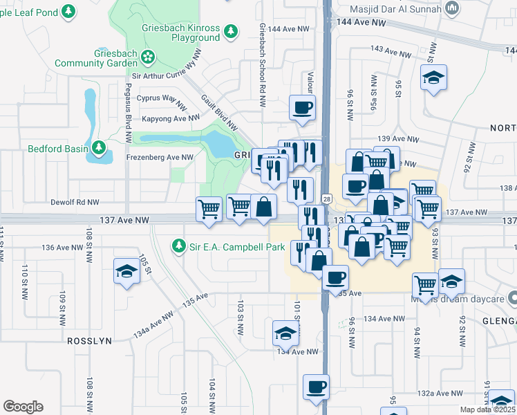 map of restaurants, bars, coffee shops, grocery stores, and more near 13608 102 Street Northwest in Edmonton