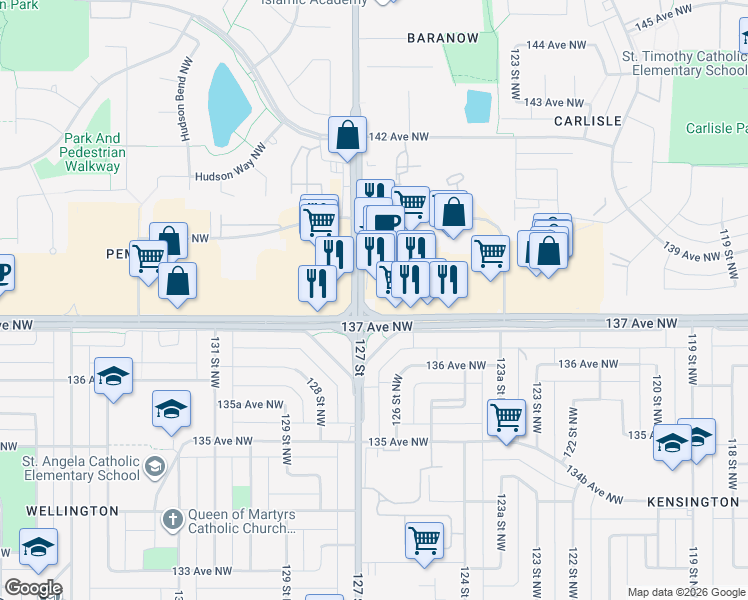 map of restaurants, bars, coffee shops, grocery stores, and more near in Edmonton