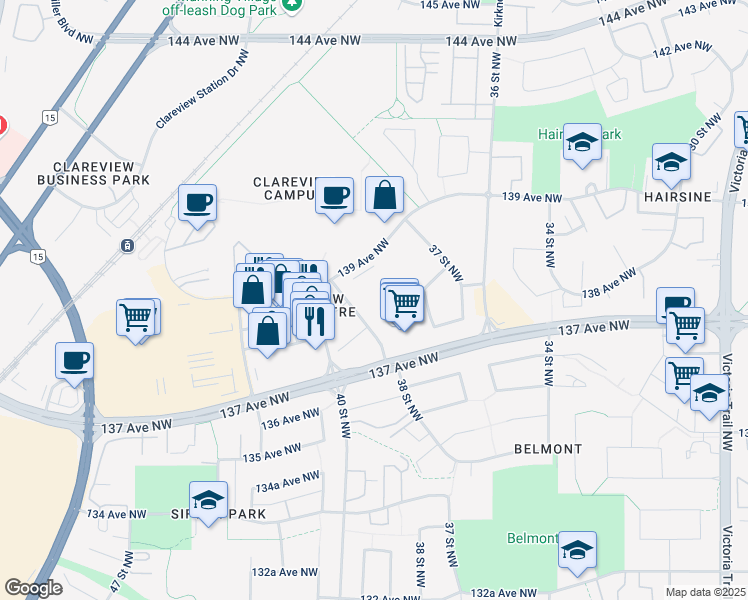 map of restaurants, bars, coffee shops, grocery stores, and more near 13703 40 Street Northwest in Edmonton