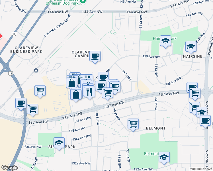 map of restaurants, bars, coffee shops, grocery stores, and more near 13703 40 Street Northwest in Edmonton