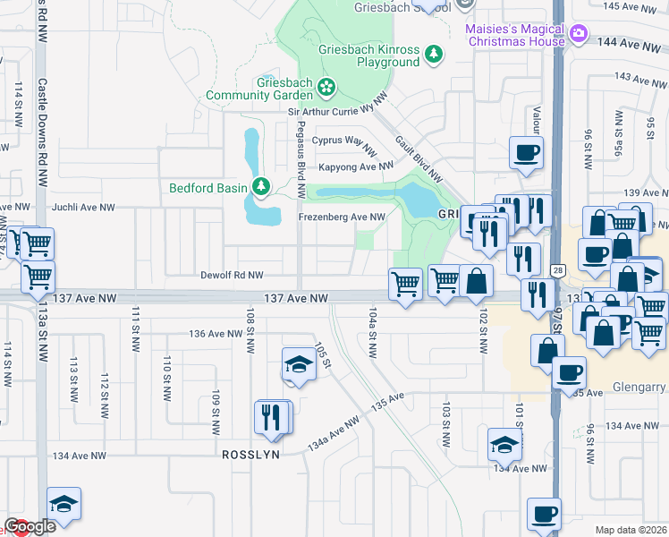 map of restaurants, bars, coffee shops, grocery stores, and more near 2204 Stan Waters Avenue Northwest in Edmonton
