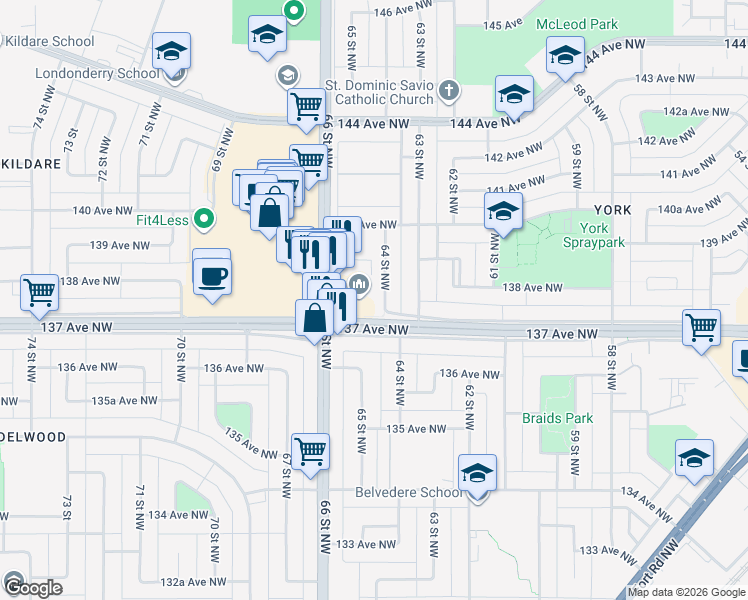 map of restaurants, bars, coffee shops, grocery stores, and more near 55 64 Street Northwest in Edmonton