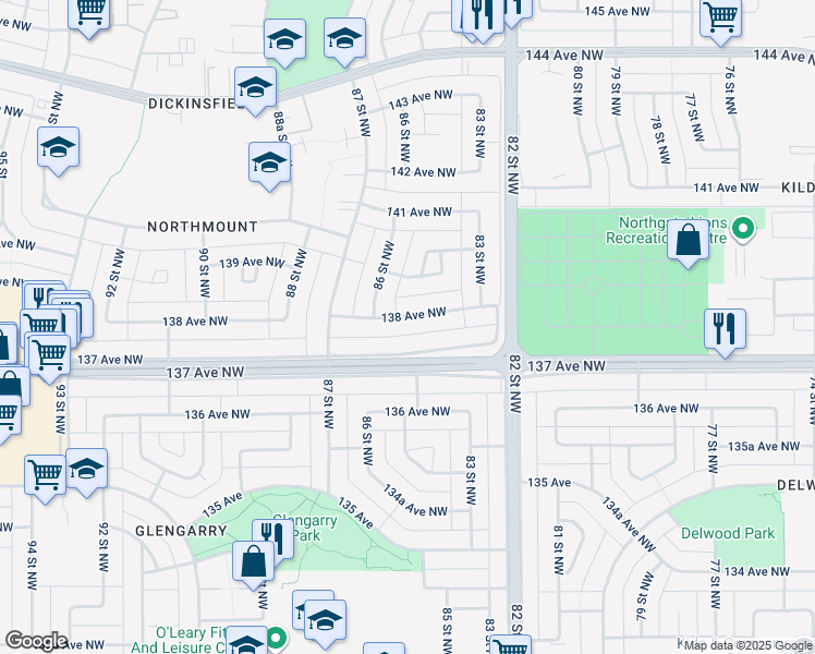 map of restaurants, bars, coffee shops, grocery stores, and more near 8512 138 Avenue Northwest in Edmonton