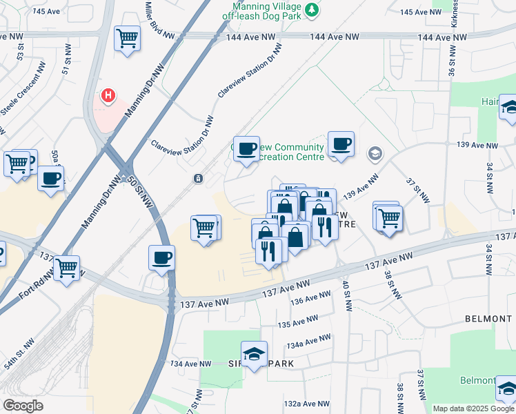 map of restaurants, bars, coffee shops, grocery stores, and more near 4220 139 Avenue Northwest in Edmonton